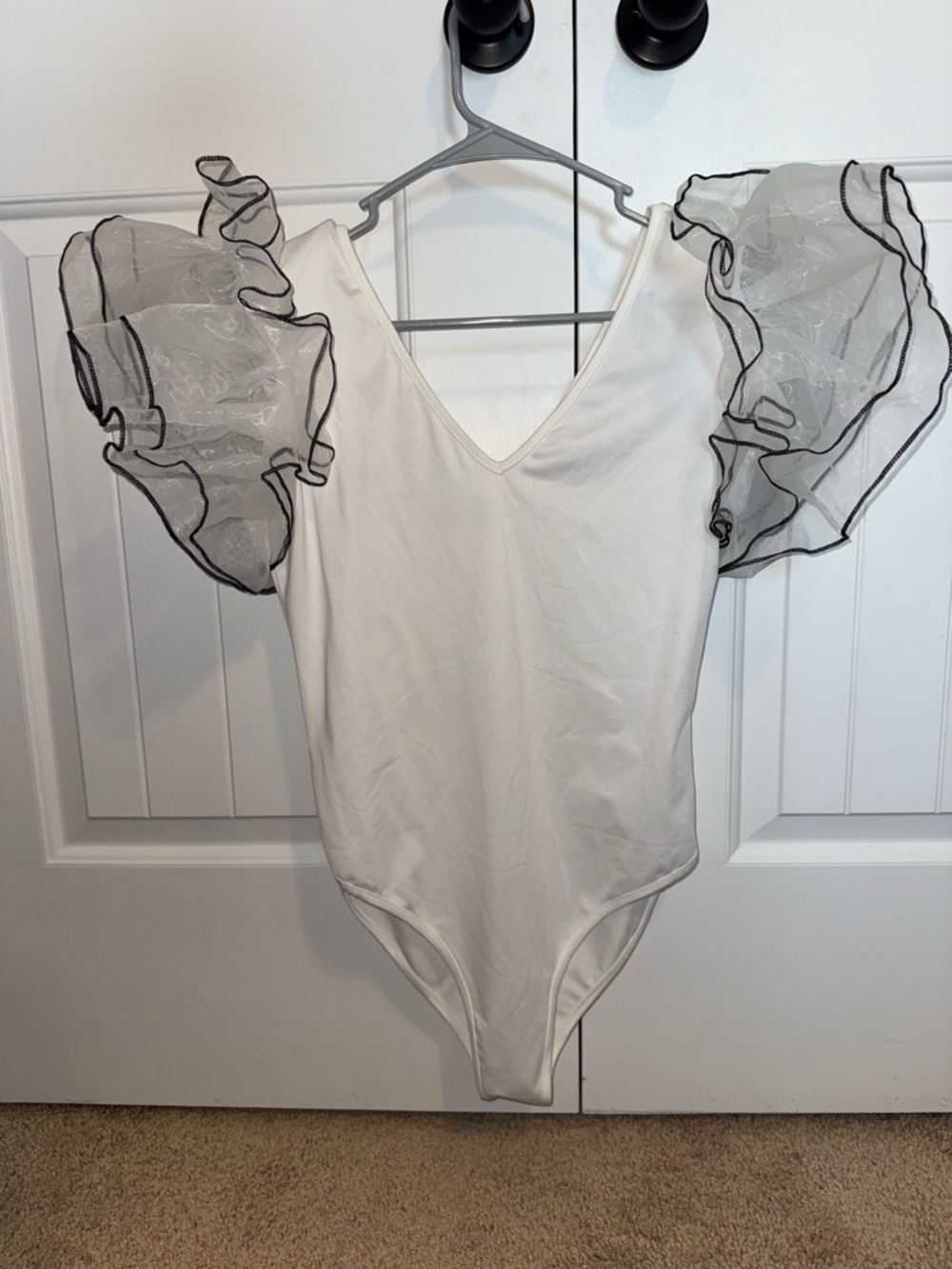 White V-Neck Bodysuit with Sheer Ruffle Sleeves